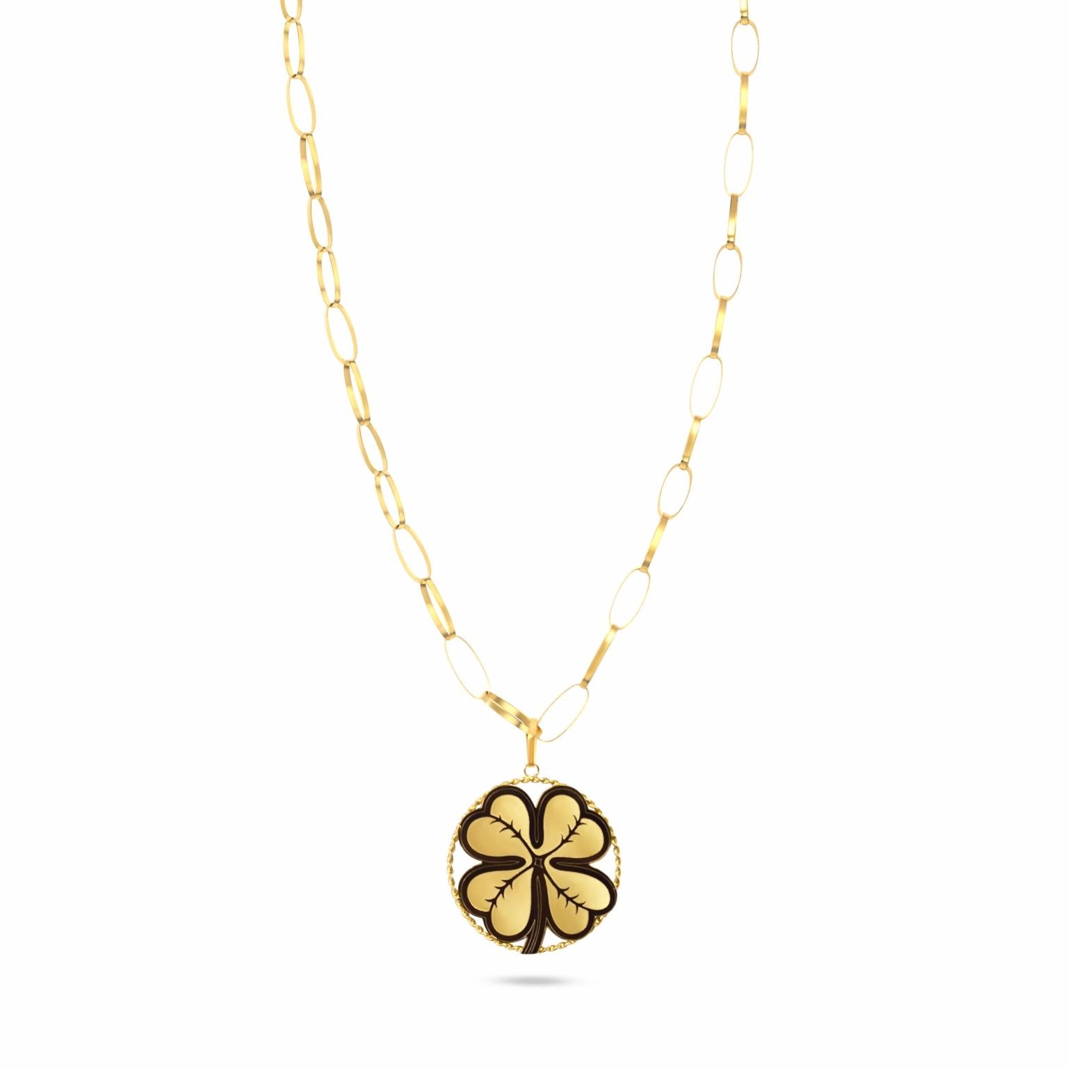 CHAINE MAILLE PLATE AVEC PENDENTIF TRÈFLE SATINÉ - OR 18 CARATS